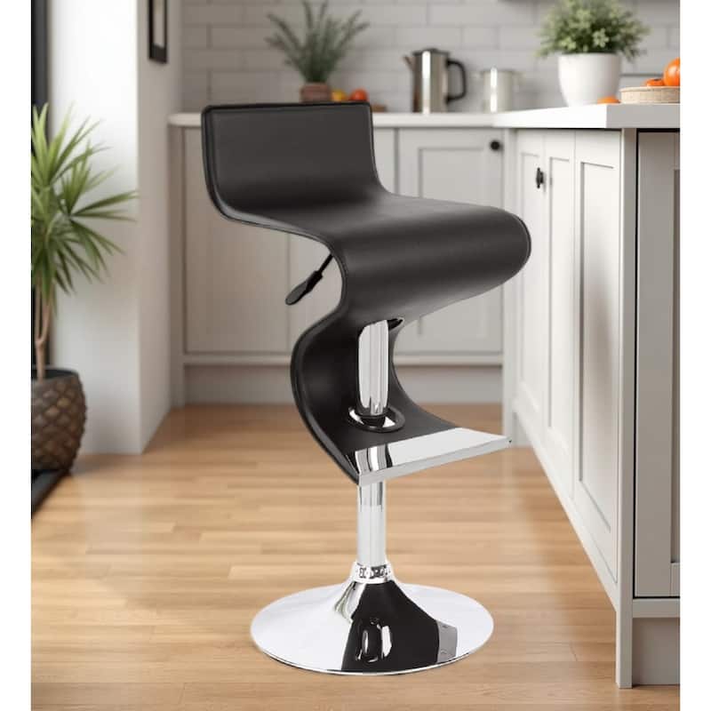 Black And Silver Faux Leather And Metal Low Back Adjustable Height Bar Chair - Bar Height - Single - Black