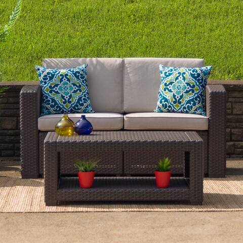 Chocolate Brown Faux Rattan Loveseat with All-Weather Cushions