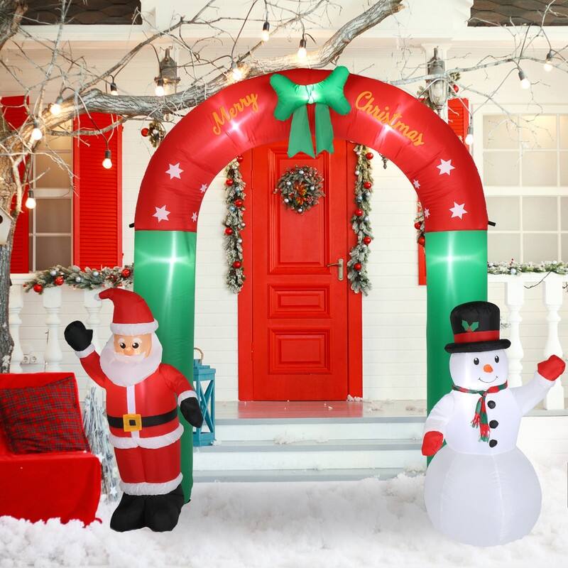 Tall Christmas Arch with Snowman and Santa Inflatables Outdoor Decoration with LED Lights