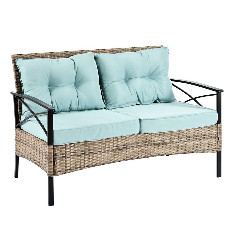 4 PC Outdoor Patio Seasonal PE Wicker Furniture Set w/ Black Metal Table Conversation Set for Lawn, Garden, Backyard