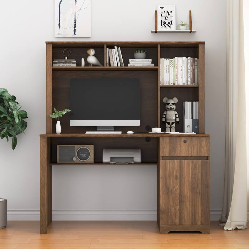 51.2-Inch Computer Desk Executive Desk with Charging Station, Lockable Drawer and Bookshelf for Home Office - Wood
