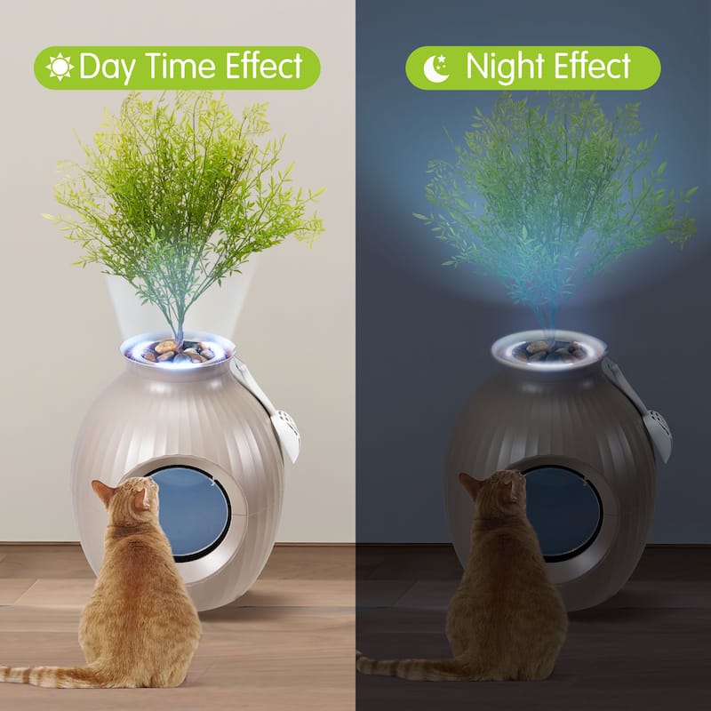 EROMMY Hidden Cat Litter Box Enclosure with Artificial Plants, Plasma Sterilization System