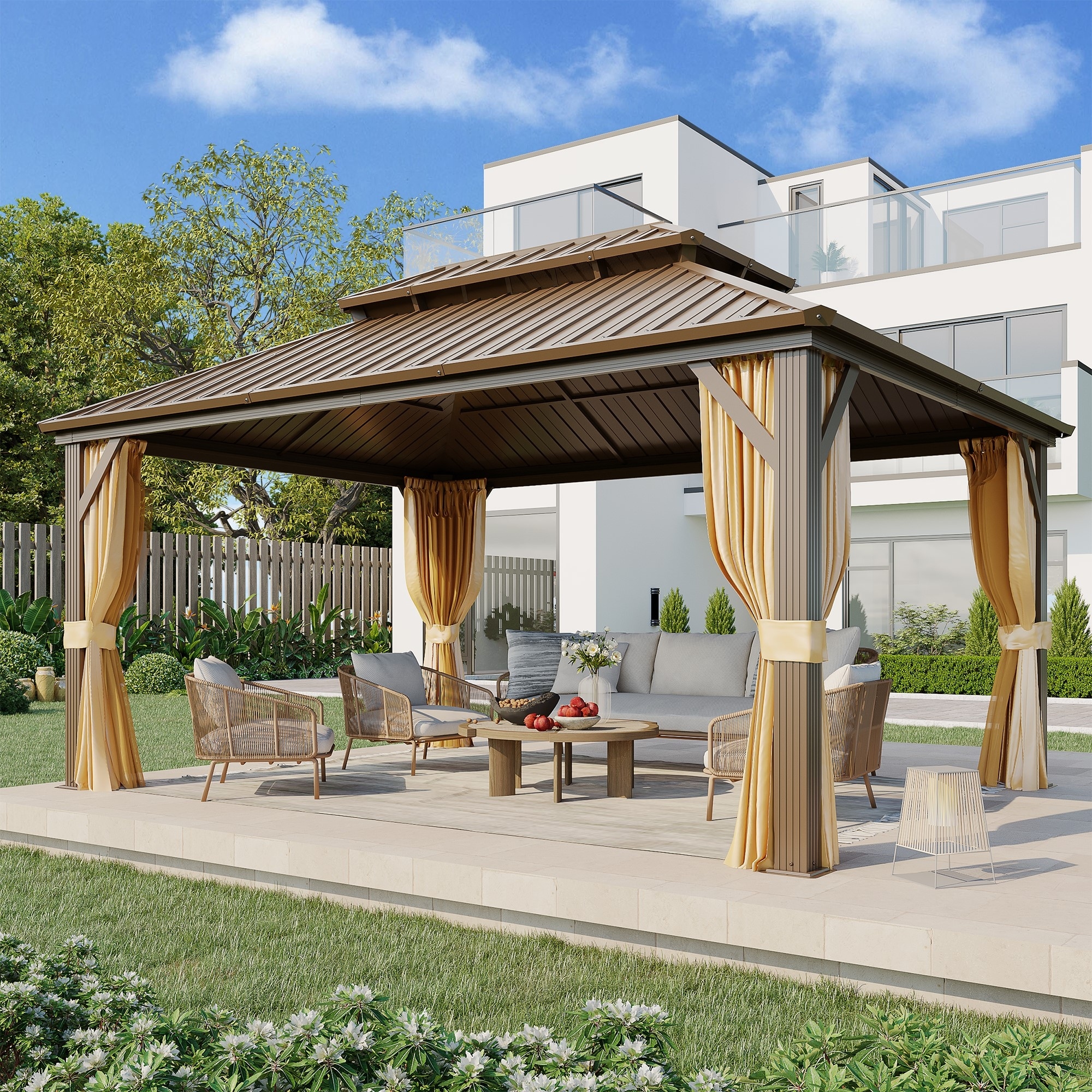 12 x 16 Outdoor Gazebo with Aluminum Frame and Double Roof, Permanent Hardtop Gazebo Includes Curtains&Netting