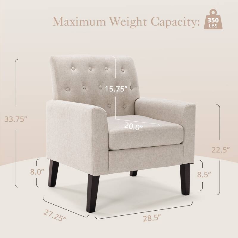 Mid-Century Modern Upholstered Linen Fabric Button Tufted Accent Chair Set of 2 - 28.5 W X 27.25 D X 33.75 H