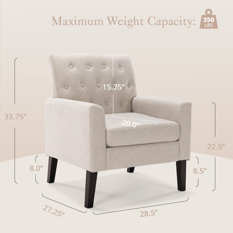 LUE BONA Modern Upholstered Accent Chair Linen Fabric Button Tufted Armchair with Solid Wood Frame - 28.5 W X 27.25 D X 33.75 H