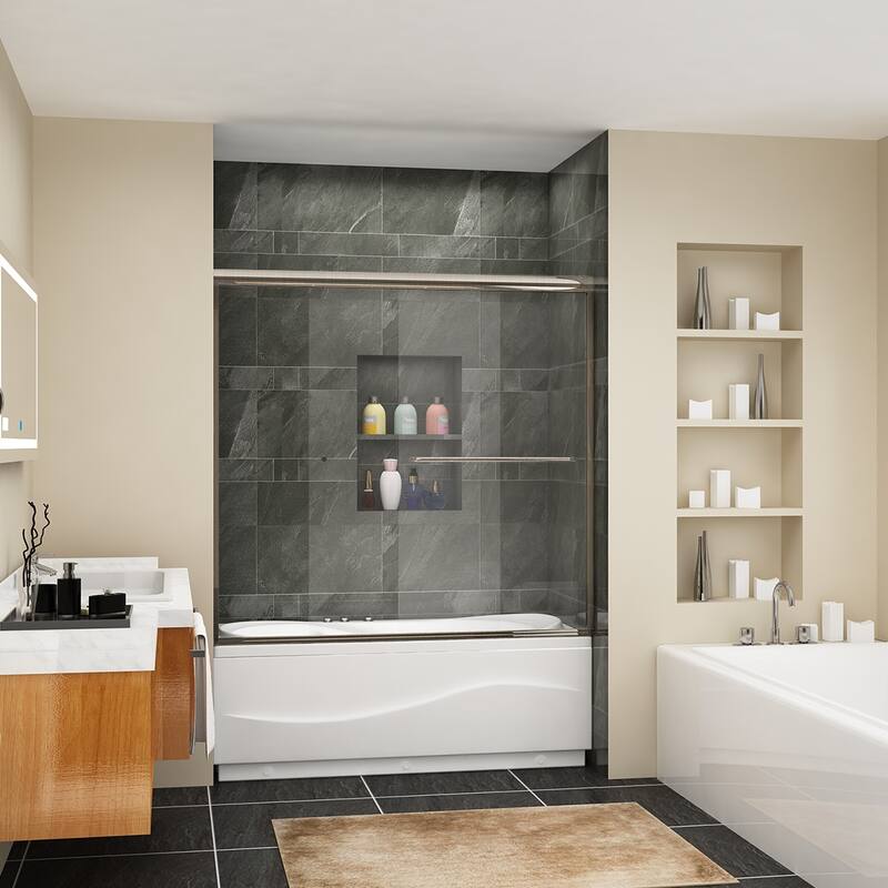 Elegant Bathtub Double Sliding Shower Doors Enclosure 60 in. W x 57.4 in. H in Brushed Nickel Finish with 1/4 in Clear Glass - Clear Glass