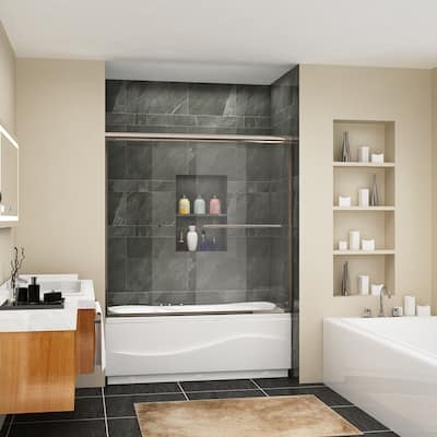 Elegant Bathtub Double Sliding Shower Doors Enclosure 60 in. W x 57.4 in. H in Brushed Nickel Finish with 1/4 in Clear Glass