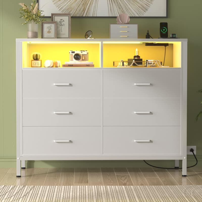 Chest of Drawers with LED Lights and Outlets,Wood Drawer Dresser for Clothes Storage - 6-drawer - White