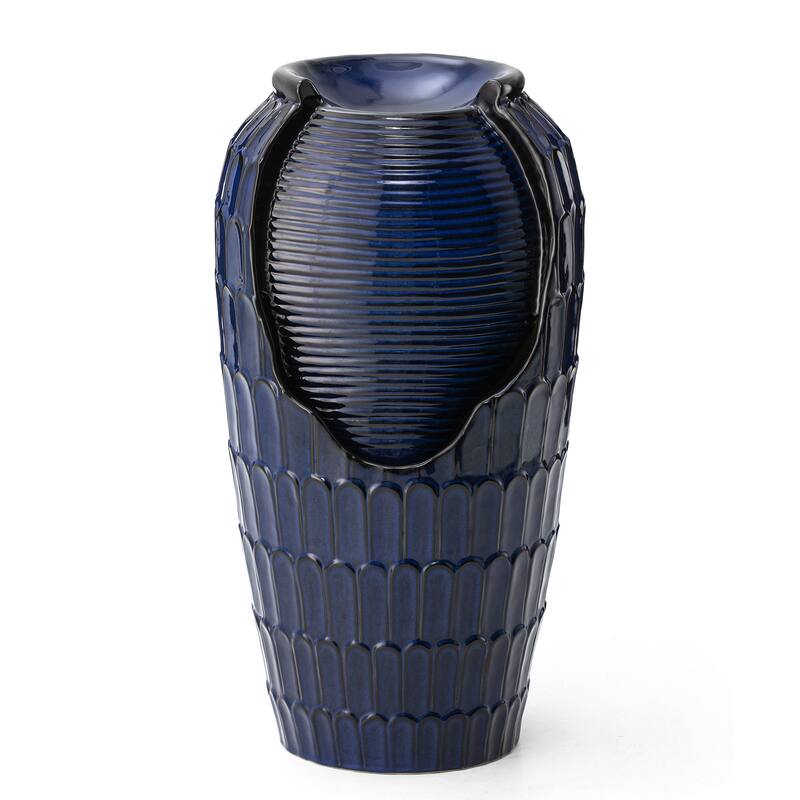 Glitzhome Oversized LED Lighted Ceramic Pot Floor Fountains for Outdoor Garden