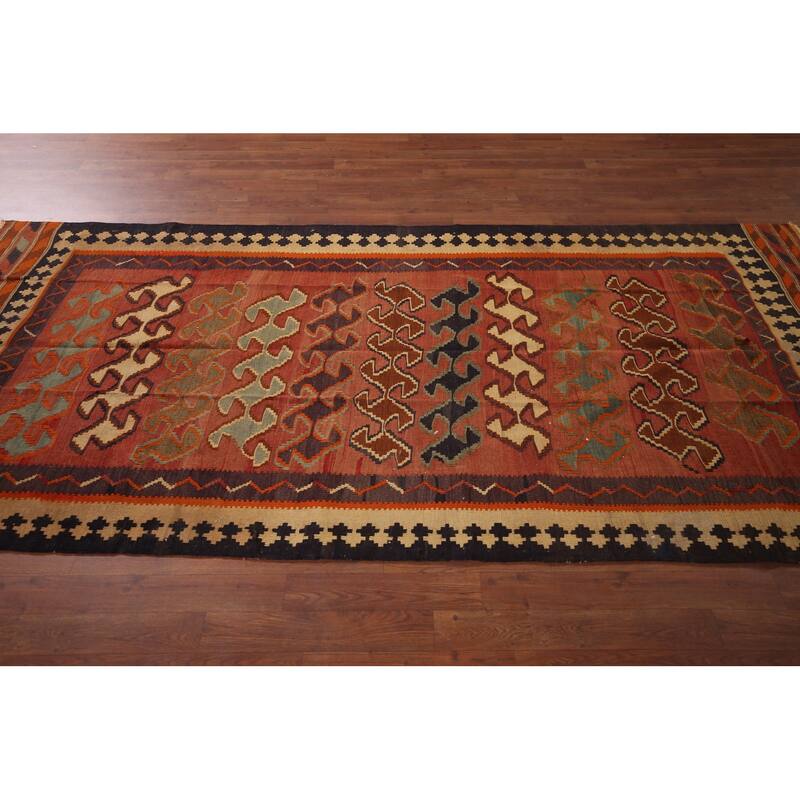 Vegetable Dye Kilim Qashqai Persian Runner Rug Flatweave Wool Carpet - 4'4"x 9'0"