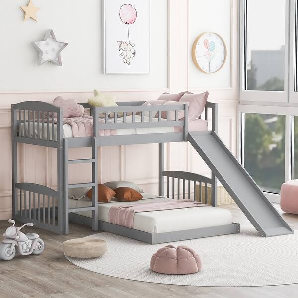 Twin Over Twin Wooden Low Bunk Bed with Slide and Ladder - Bed Bath ...