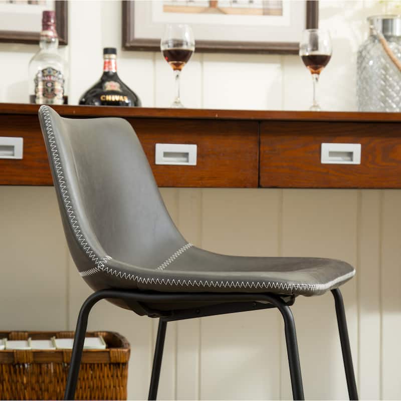 Farmhouse Faux Leather Bar Stools Set of 2, Metal Frame Counter Height Chair with Footrest for Kitchen Island, Dining Room