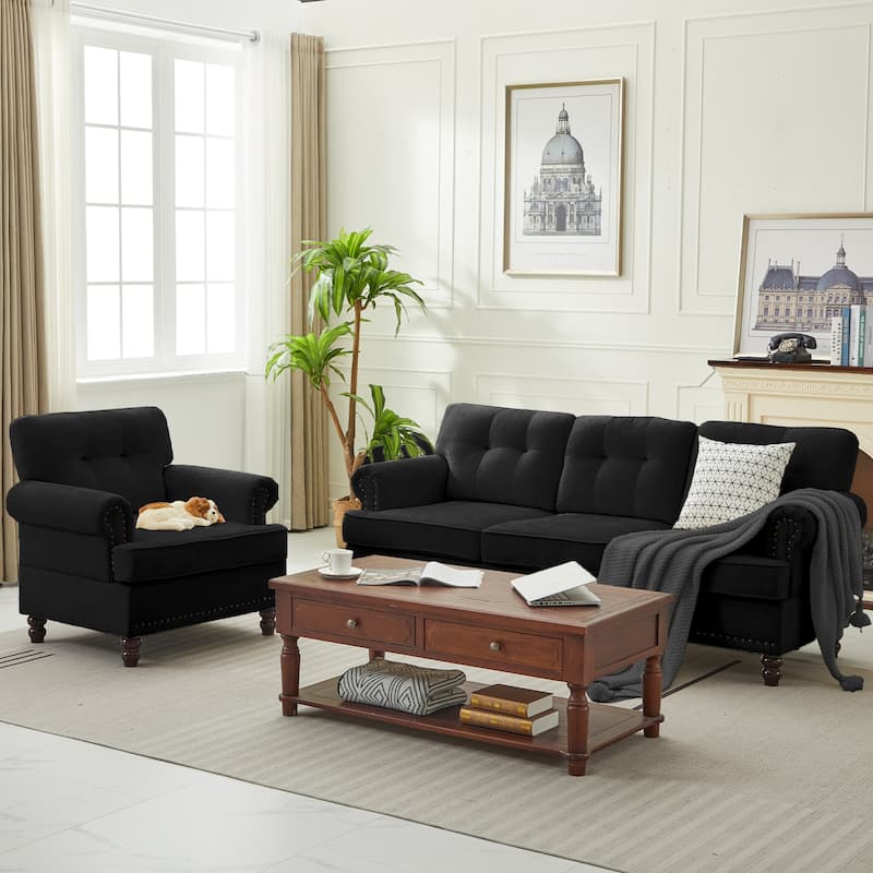 Set of 2 Pieces, A 3-seat Sofa and An Armchair, Chenille Sofa Set for Living Room - Black - 2 Piece