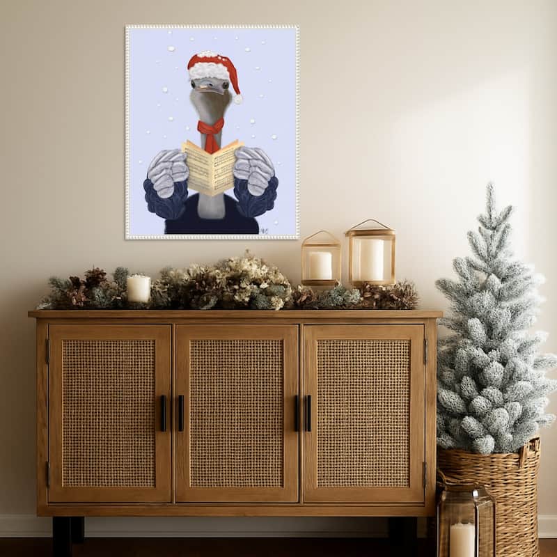 Ostrich Carol Singing by Fab Funky (23 x 28 in.), Framed Canvas Wall Art Print - Sylvie Beaded White