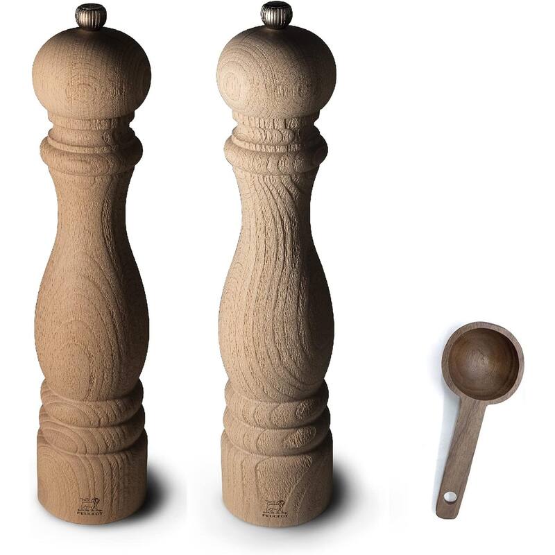 Peugeot Paris Nature 12 inch Salt & Pepper Mill Gift Set - With Wooden Spice Scoop - Beige - 3 Piece