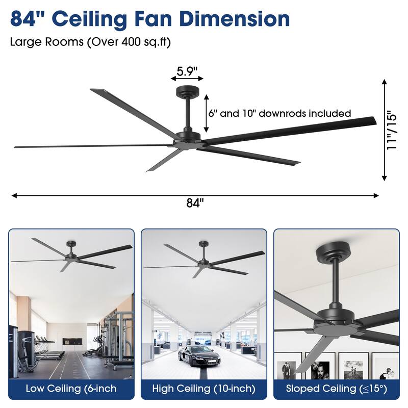 84" Black Industrial Aluminum Large Outdoor Commercial Ceiling Fan with Remote