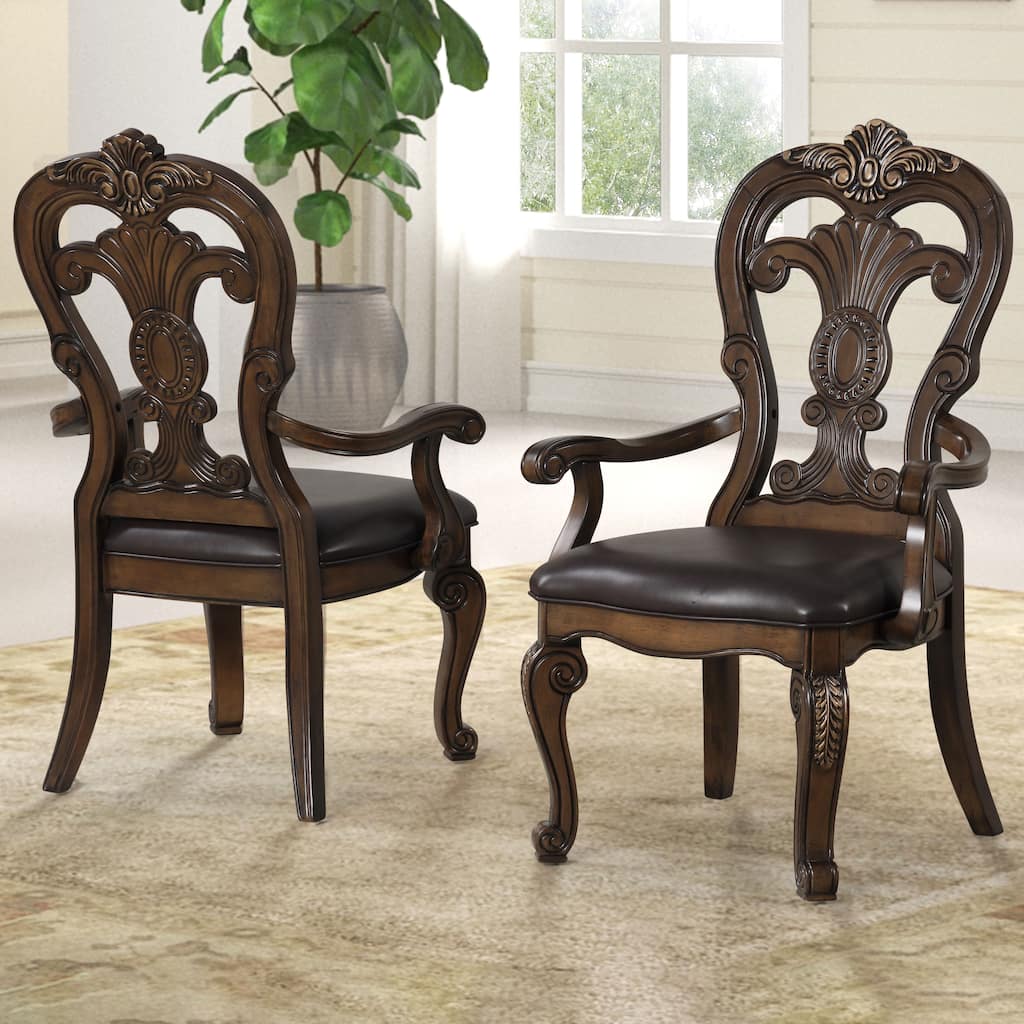 Furniture of America Rue Traditional Dark Brown Solid Wood Dining Arm Chairs (Set of 2)