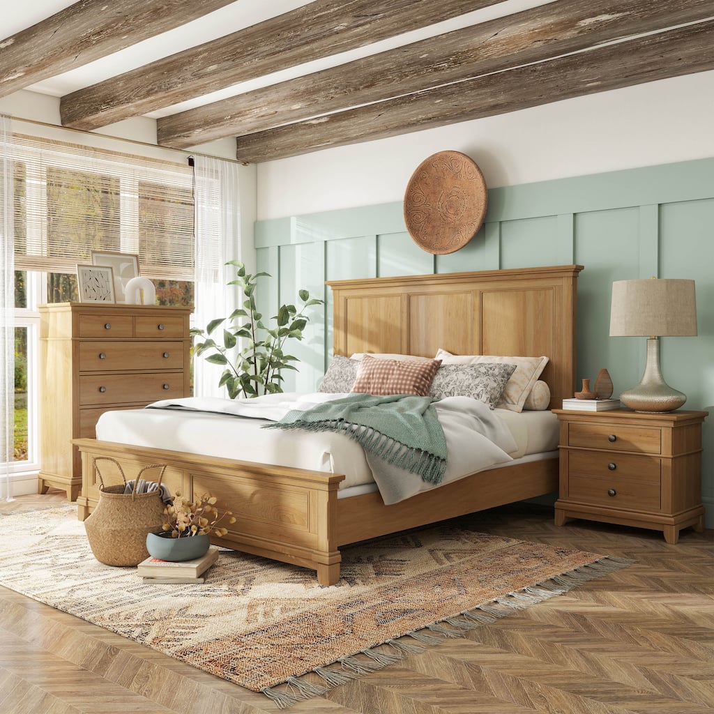 Furniture of America Wellington Farmhouse 3-Piece Natural Oak Wood Panel Bedroom Set