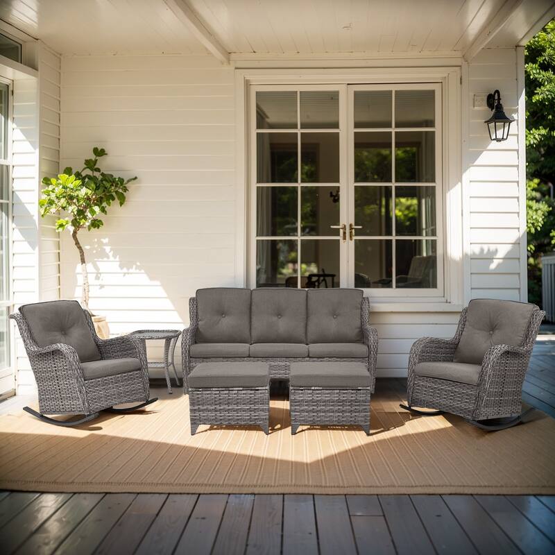 Gymojoy 6-Piece Outdoor Wicker Patio Furniture with 3 Seat Sofa, Rattan Coversation Set with Water Resistant Thick Cushions - Grey Wicker / Grey Cusion - 6-Piece