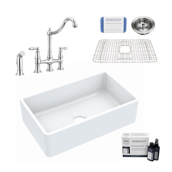 Turner All-in-One Farmhouse Apron Front Fireclay 30 in. Single Bowl Kitchen Sink with Pfister Bridge Faucet in Chrome and Drain. Opens flyout.