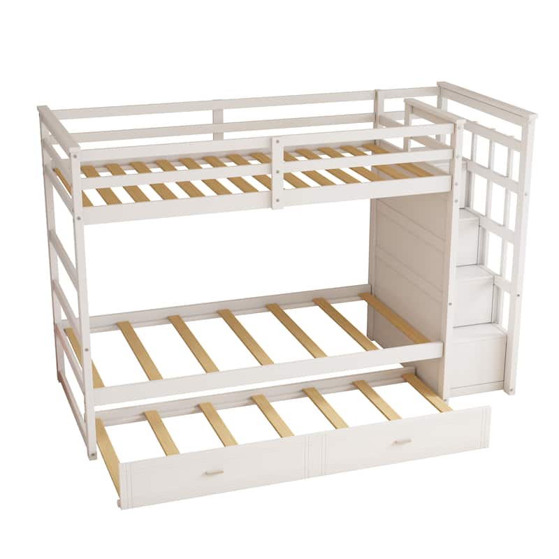 Solid Wood Twin Over Twin Bunk Bed with Trundle and Staircase