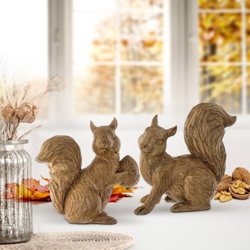 7.5" Resin Winter Chalet Squirrel Set of 2 - NATURAL STONE POWDER 52%, POLYRESIN 48%
