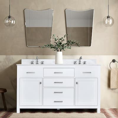 Prismatica Double Sinks Bathroom Vanity 60 in White, Marble Top & Splash