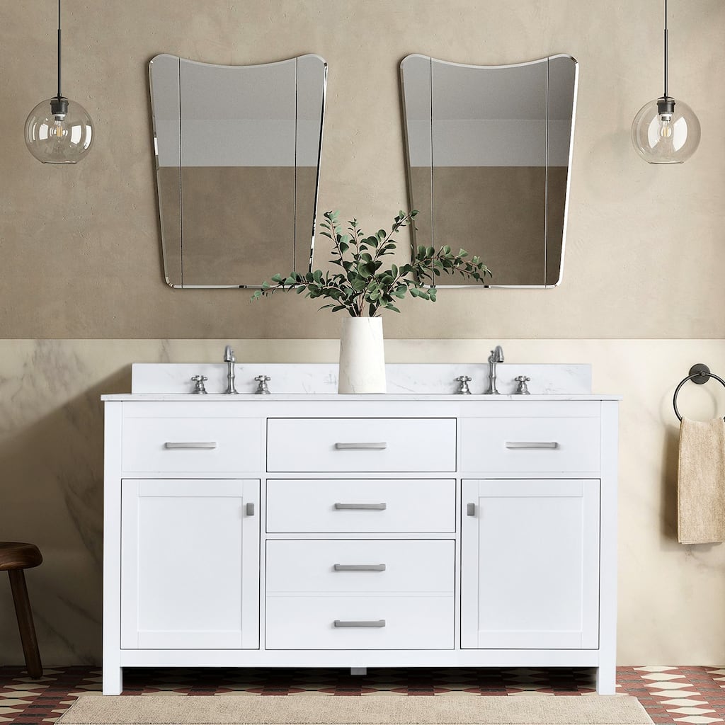Prismatica Double Sinks Bathroom Vanity 60 in White, Marble Top & Splash