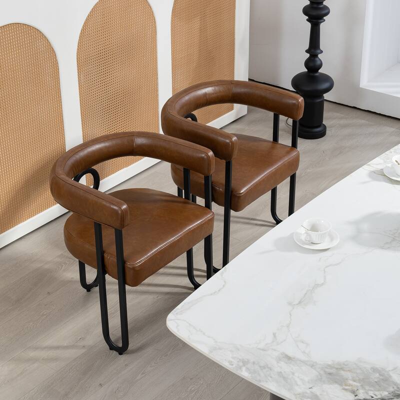 PU Accent Chair Dining Chair Barrel Side Chairs Armchair Set of 2 - Light Brown
