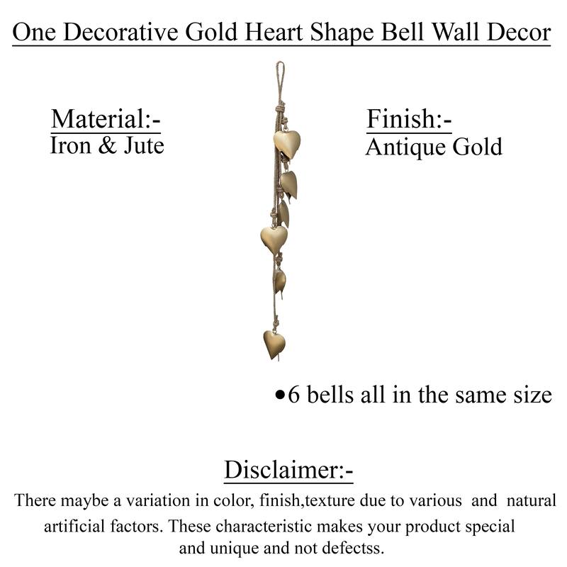 Zema 6 Heart Shape Iron Bells on 35 Inch Jute Hanging Rope, Antique Gold Wall Decor
