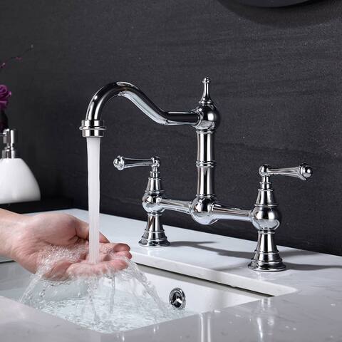 Transitional Bridge Kitchen Faucet 2 Handle Kitchen Sink Faucet Double Hole Modern Lead-Free Basin Vanity Taps