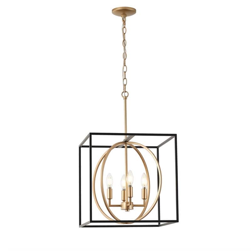 Industrial 4-Light Cube Pendant Chandelier with Matte Black and Gold Finish