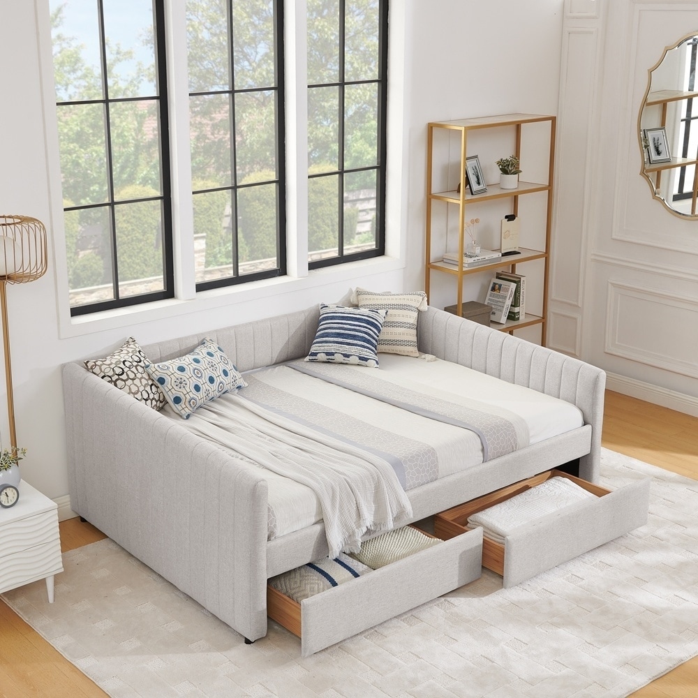 Queen Size Daybed with Two Drawers Upholstered Sofa Bed