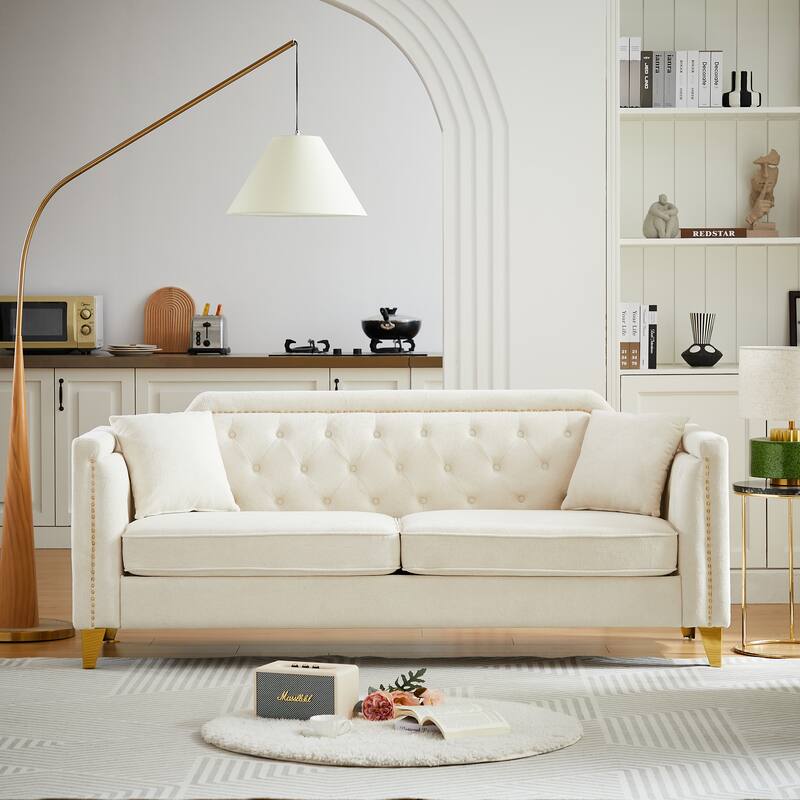 Chenille Sofa with Golden Metal Legs, 3-Seater Couch with Solid Wood Frame and 750 lbs Capacity