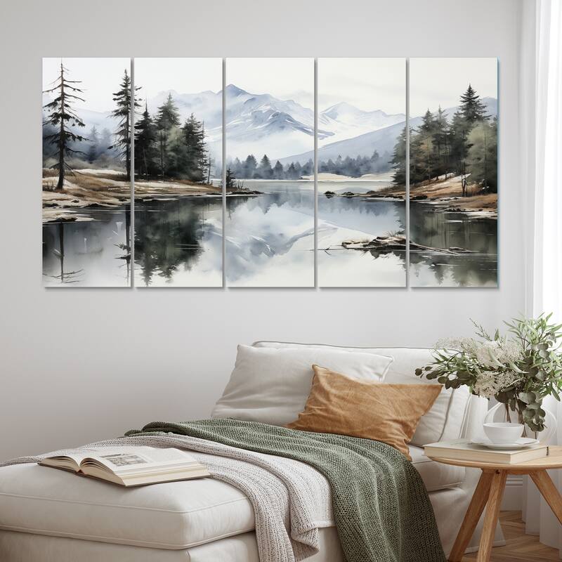 Designart "Green Blue Minimalism Forest Silent Reflection" Landscapes Multipanel Canvas Print set - 60 In. Wide X 28 In. High - 5 Panels Equal Panels