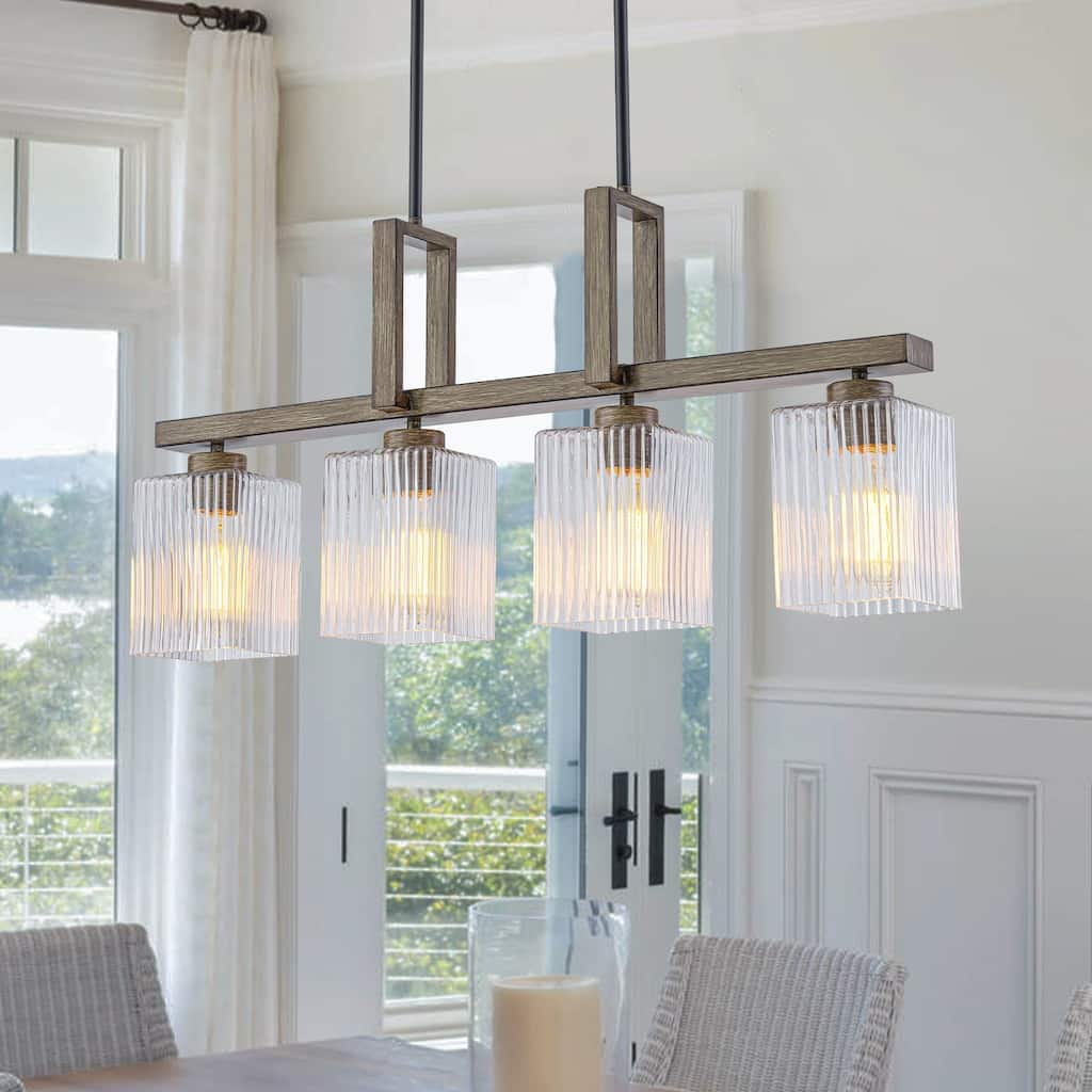 4-Light Faux Wood Linear Island Chandelier with Ribbed Glass Shades - Dia.30.51-in