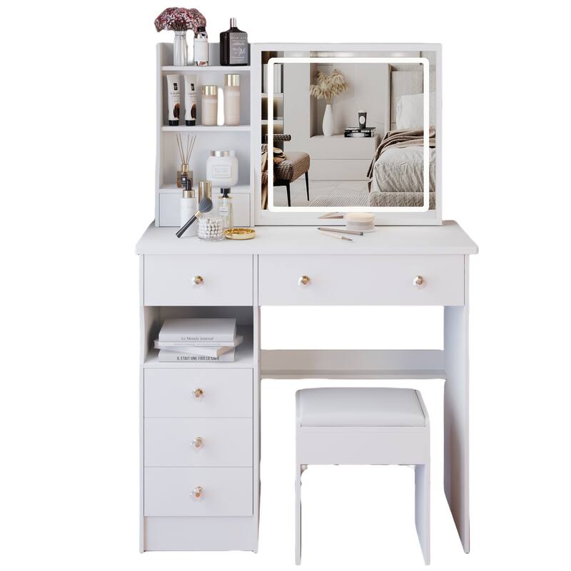 37" Full-Size Vanity Set with Mirror, LED Lighting & Cushioned Stool