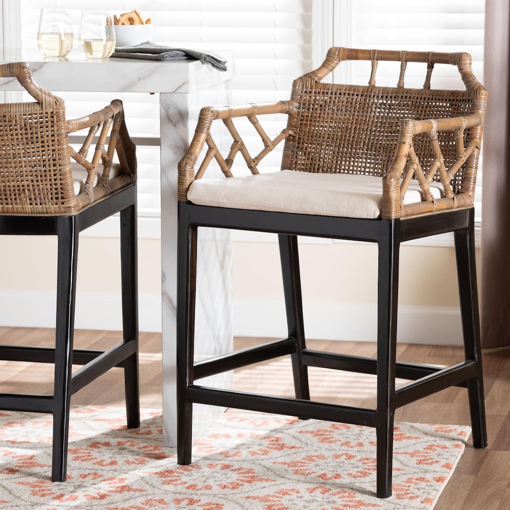 Abiel Natural Rattan Counter Stool with Arms and Removable Cushion - Handwoven Wicker Stool with Mahogany Wood Frame