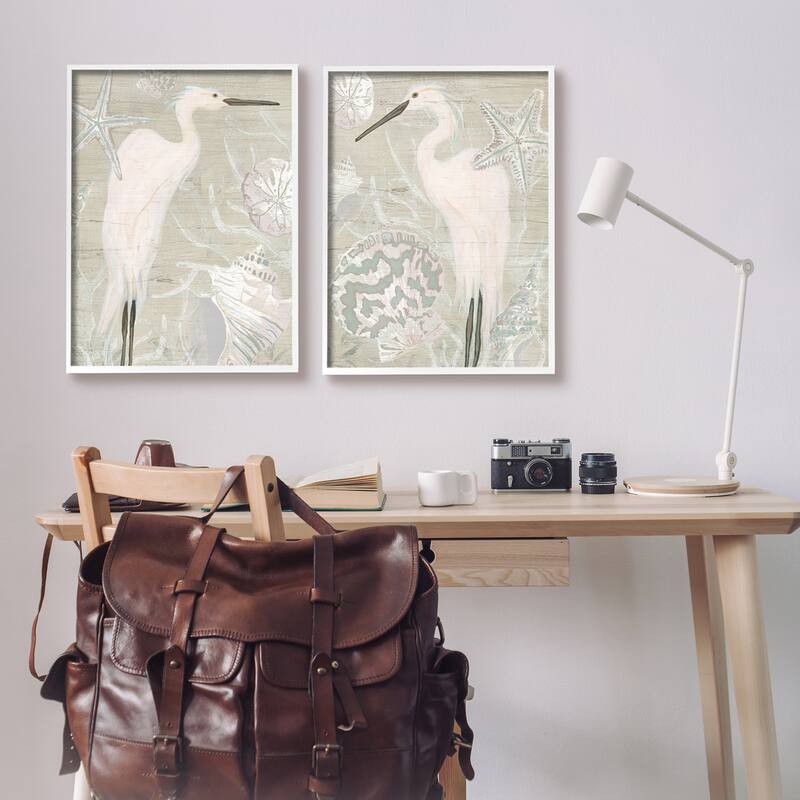 Stupell White Heron Nautical Seashells Rustic Starfish Wildlife 2 Piece Framed Wall Art, Design by June Erica Vess - Beige