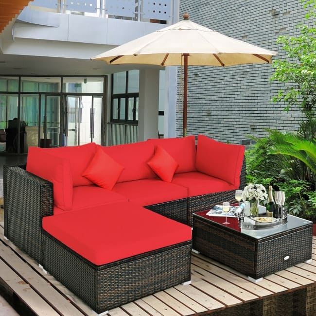 5 Pcs Outdoor Patio Rattan Furniture Set Sectional Conversation with Cushions - 29.5'' x 29.5'' x 25.5'' (L x W xH)
