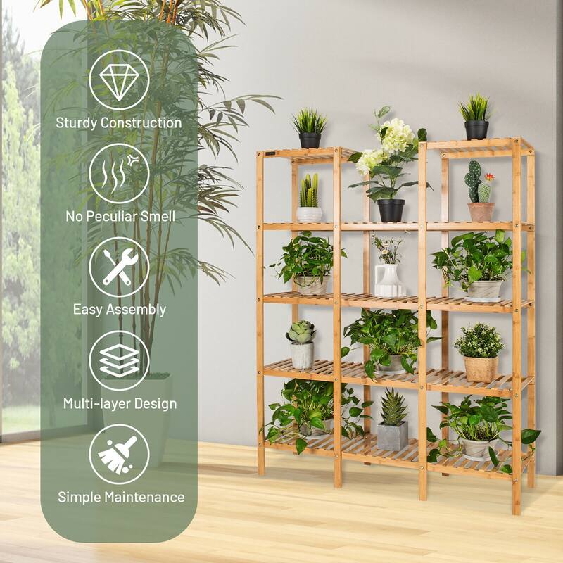 Costway Multifunctional Bamboo Shelf Flower Plant Stand Display - 45.5''L x 12.5'' W x 55.5'' H