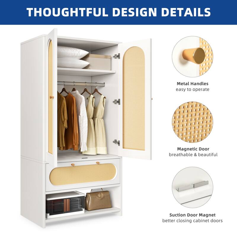 Moasis 70" Rattan Armoire Bedroom Wardrobe with Drawer & Hanging Rod