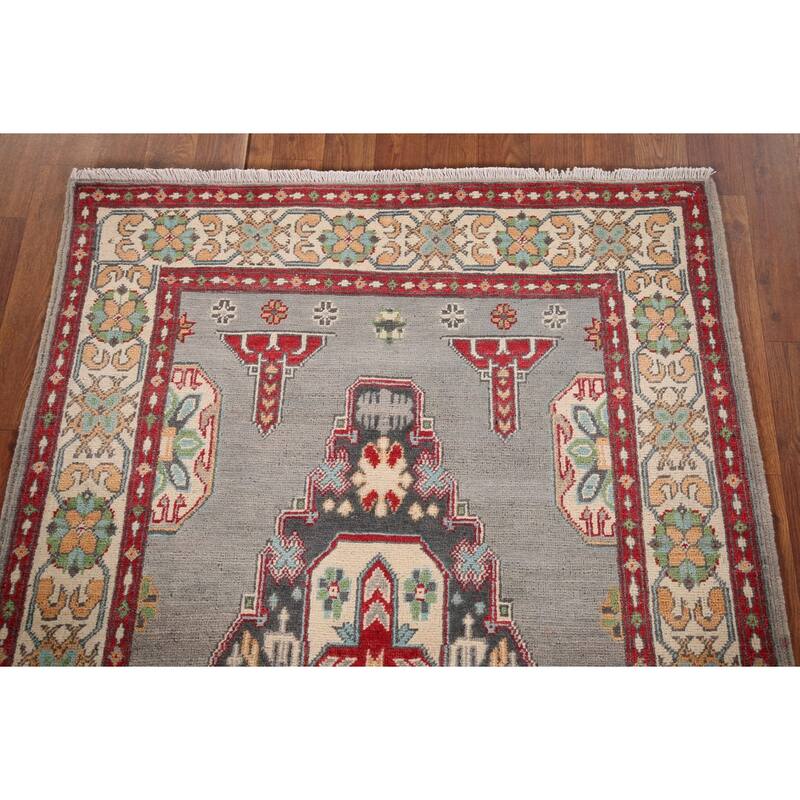 Gray Geometric Kazak Foyer Rug Handmade Wool Carpet - 3'4" x 4'10"