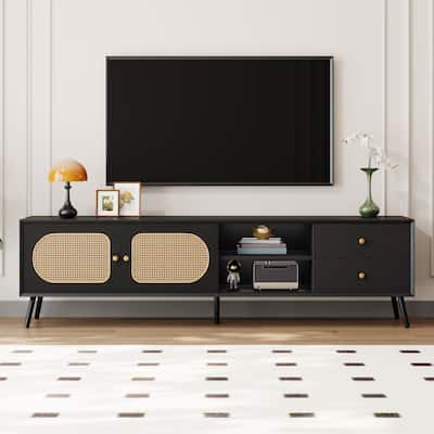 70" Mid Century TV Stand for 80" TVs - Rattan Doors, 2 Drawers, Open Shelf, Vintage Entertainment Center