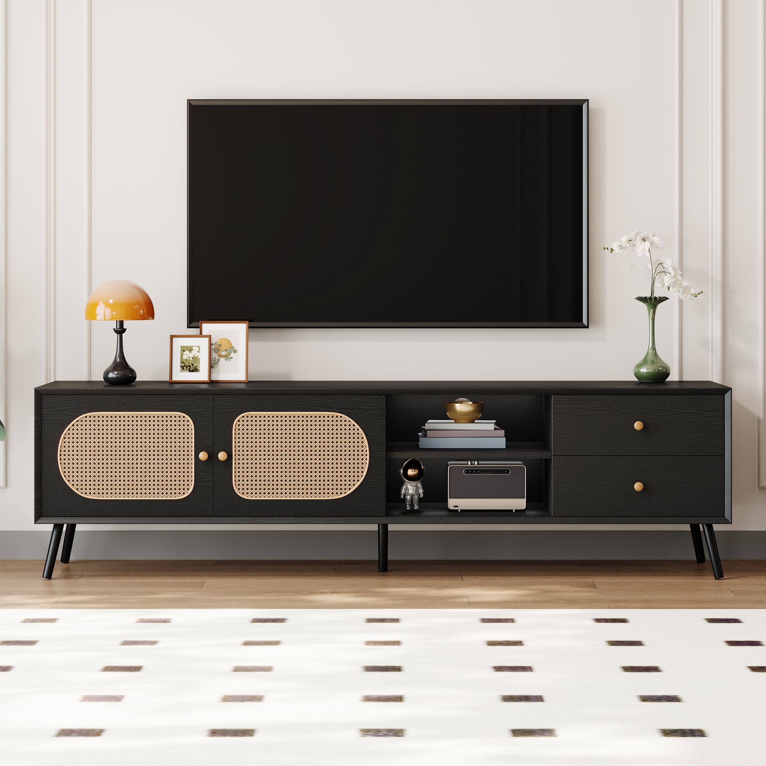 Roomfitters 70 Inch Mid Century Modern TV Stand for 80 Inch TV, Rattan Door Console with 2 Drawers and Open Shelf, Black
