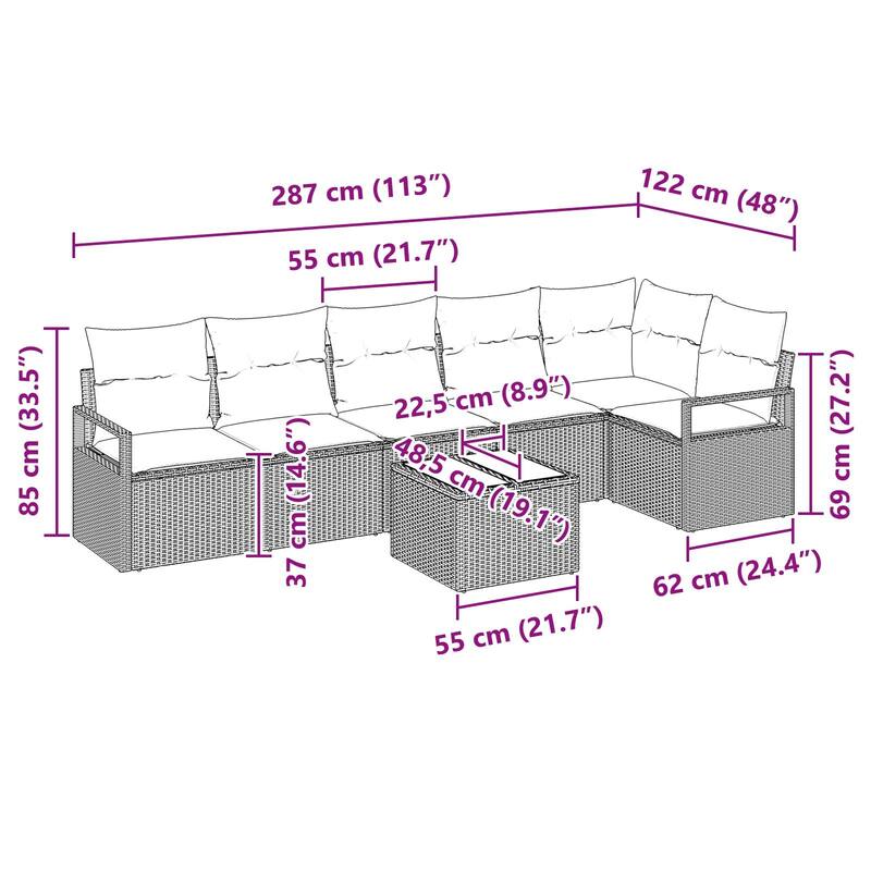 6/7 Piece Modular Outdoor Sofa Set with Cushions - 113×48×27.2