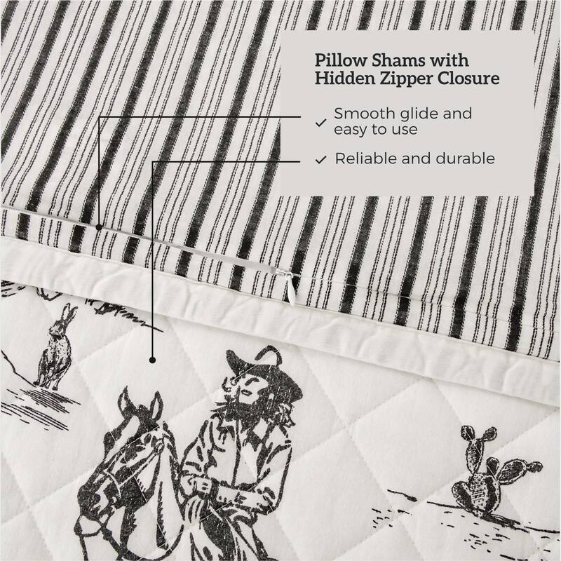 Paseo Road Ranch Life Western Cowboy White/Black 100% Cotton Rustic Toile Western Bedding 3 Piece Reversible Quilt Set