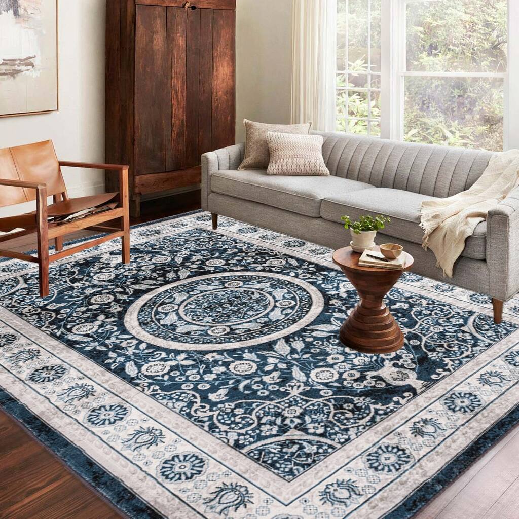 Area Rug 8x10 Vintage Bohemia Large Persian Non-slip Washable Rug Flower Design Navy Blue - 8" x 10"