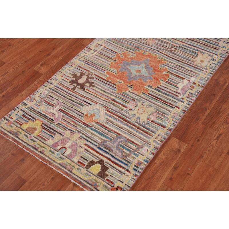 Hand Knotted Oriental 100% Wool Carpet Transitional Floral Multi-Colored Oushak Runner Rug - 9' 9'' X 2' 7''