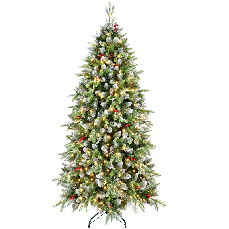 6ft Pre-Lit Christmas Tree with 380 LED Lights, 1264 Tips, Frosted Greenery with Red Berries & Natural Pinecones, Metal Stand